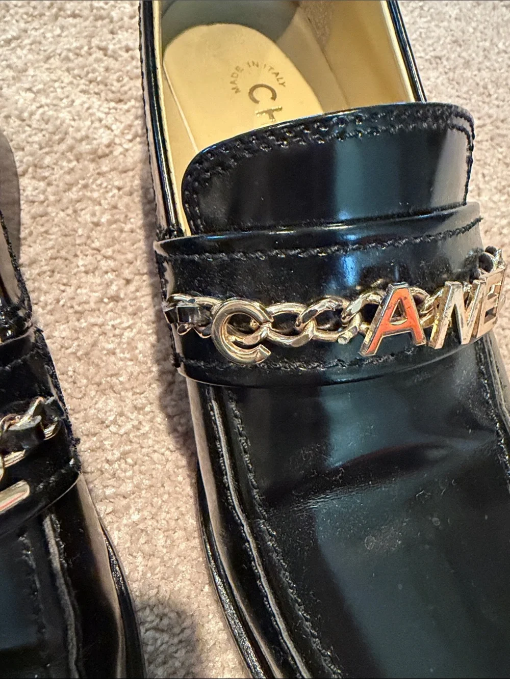 CHANEL Black Leather Logo Chain Loafers